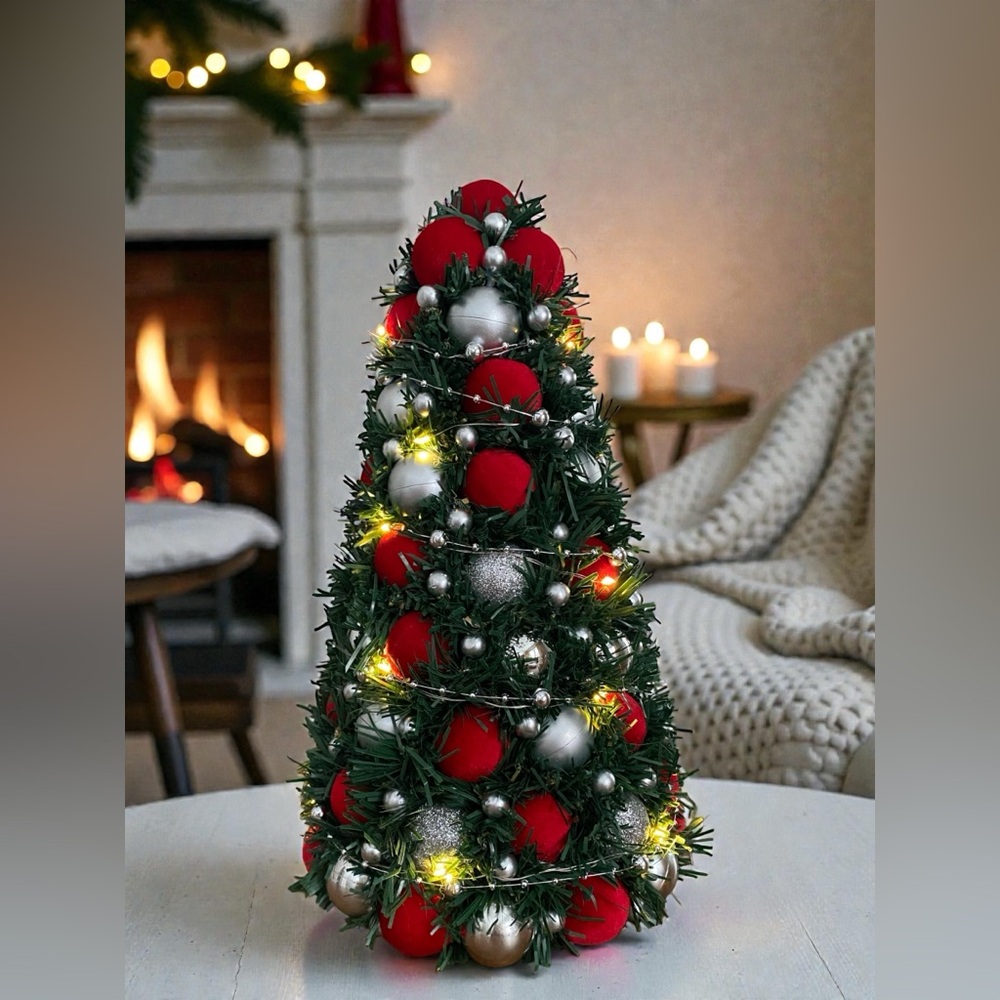 Hand Crafted Red and Silver Holiday Tree. Tabletop Miniature Christmas Tree